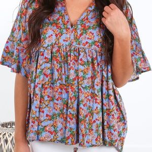 New Umgee Blue Floral Babydoll Top S-M-L